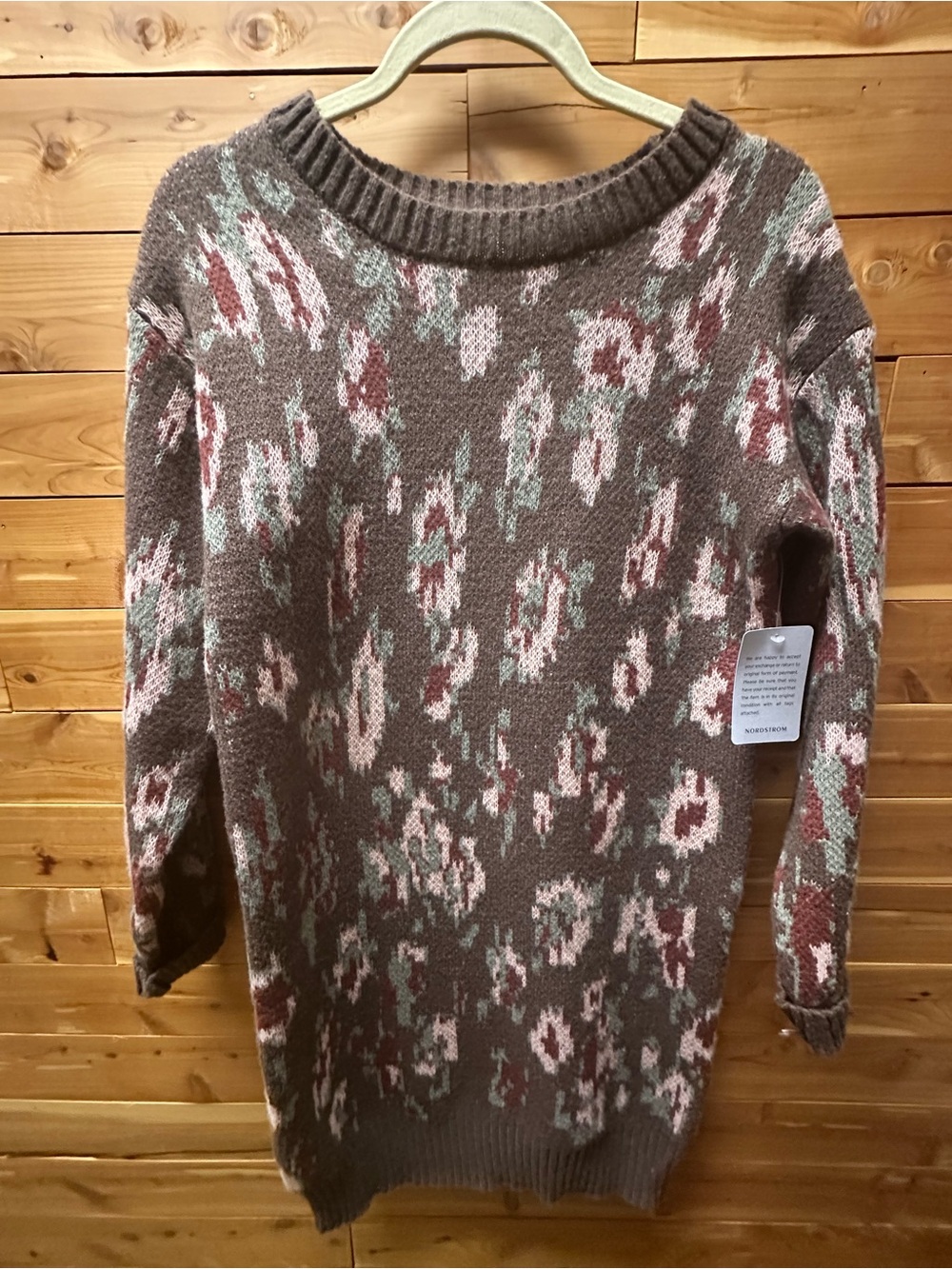 Women's Brown Floral Crewneck Sweater with Pink & Sage Accents- long sweater